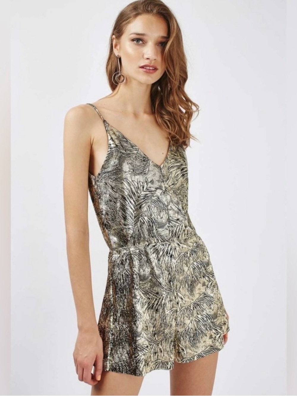 Topshop Gold Metallic Tropical Leaf Plisse Romper Playsuit.Size:2